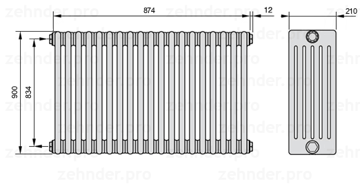 Схема (чертеж) Радиатор Zehnder Charleston 6090/19 №1270 Белый глянцевый RAL 9016